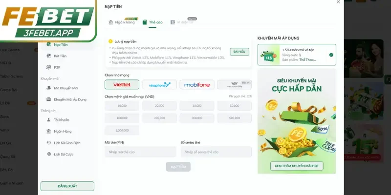 Có nhiều cách nạp tiền Febet