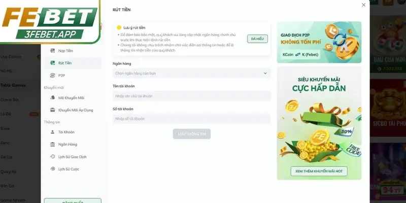 Có nhiều cách rút tiền Febet an toàn